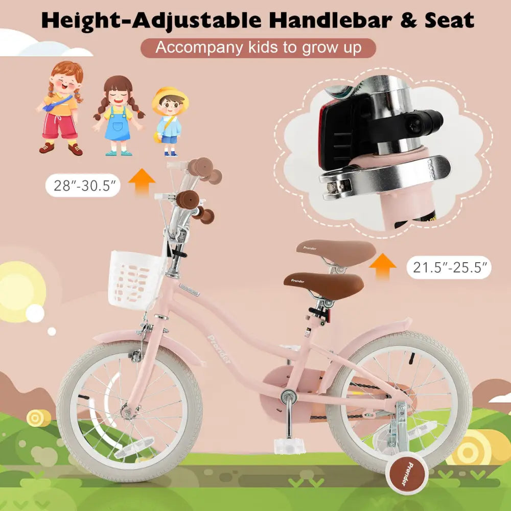 16 Inch Kids Bike with Front Handbrake and 2 Training Wheels-Pink - Pink - Kids Bike