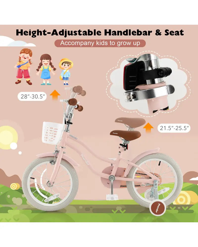 16 Inch Kids Bike with Front Handbrake and 2 Training Wheels-Pink - Pink - Kids Bike