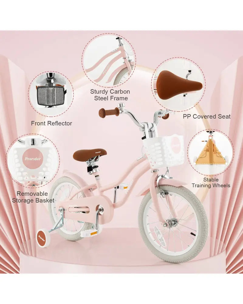 16 Inch Kids Bike with Front Handbrake and 2 Training Wheels-Pink - Pink - Kids Bike