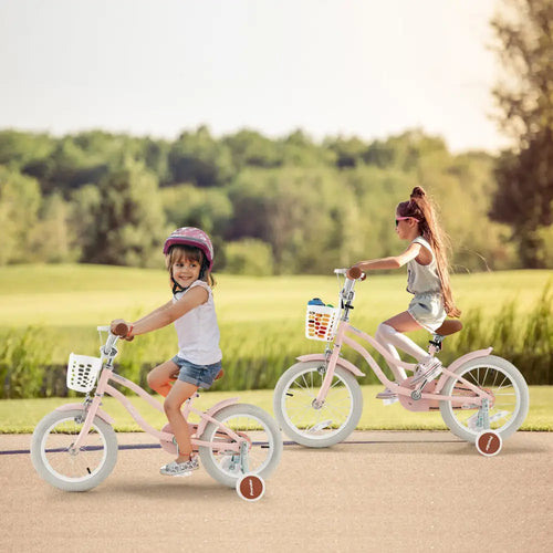 16 Inch Kids Bike with Front Handbrake and 2 Training Wheels-Pink - Pink - Kids Bike