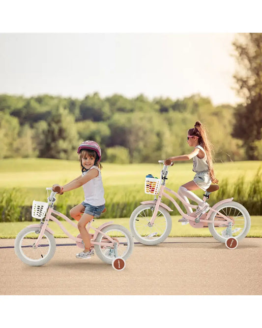 16 Inch Kids Bike with Front Handbrake and 2 Training Wheels-Pink - Pink - Kids Bike