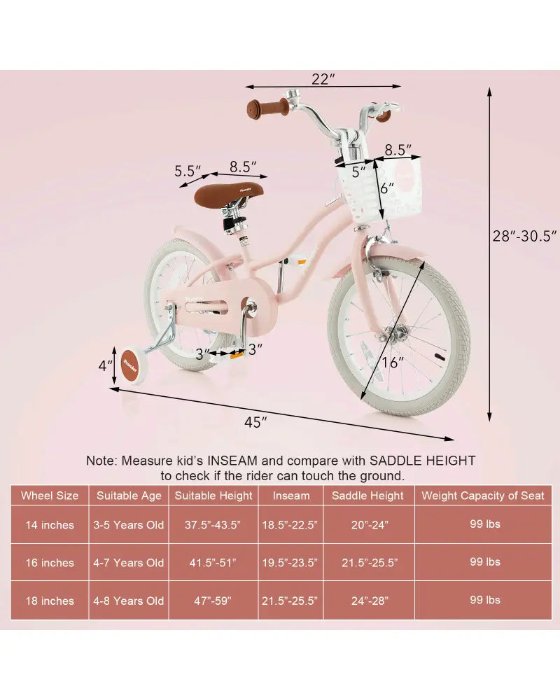 16 Inch Kids Bike with Front Handbrake and 2 Training Wheels-Pink - Pink - Kids Bike