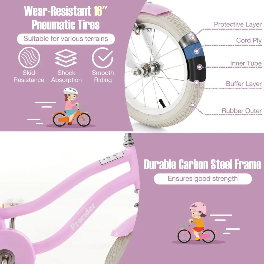 16 Inch Kids Bike with Front Handbrake and 2 Training Wheels - Purple - Oasis Home Essentials