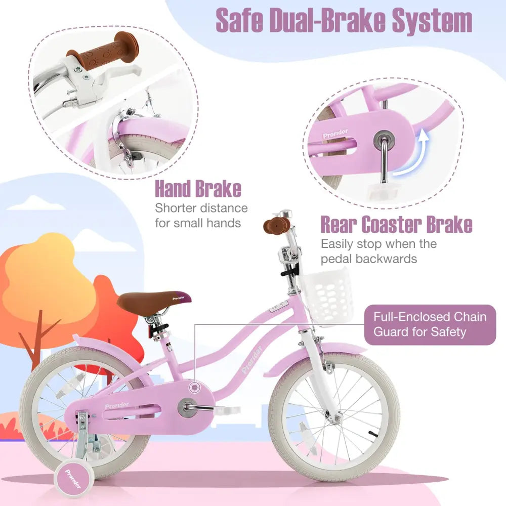 16 Inch Kids Bike with Front Handbrake and 2 Training Wheels - Purple - Oasis Home Essentials
