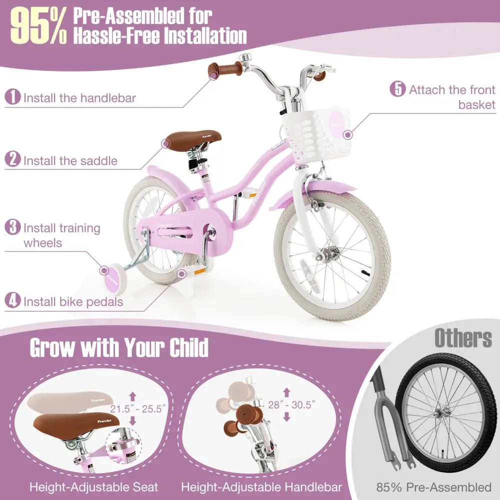 16 Inch Kids Bike with Front Handbrake and 2 Training Wheels - Purple - Oasis Home Essentials