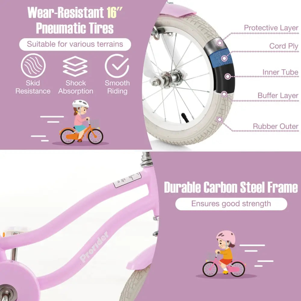 16 Inch Kids Bike with Front Handbrake and 2 Training Wheels-Purple - Purple - Kids Bike