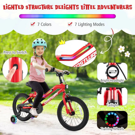 16 Inch Kids Bike with LED Lights Adjustable Carbon Steel Bicycle for 4 - 7 Years Old - 16 inches - Oasis Home Essentials