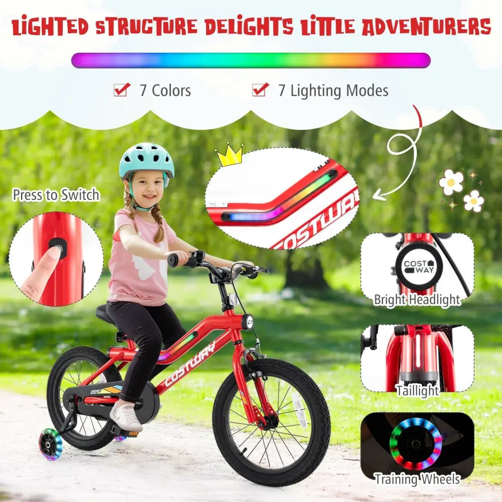 16 Inch Kids Bike with LED Lights Adjustable Carbon Steel Bicycle for 4 - 7 Years Old - 16 inches - Oasis Home Essentials