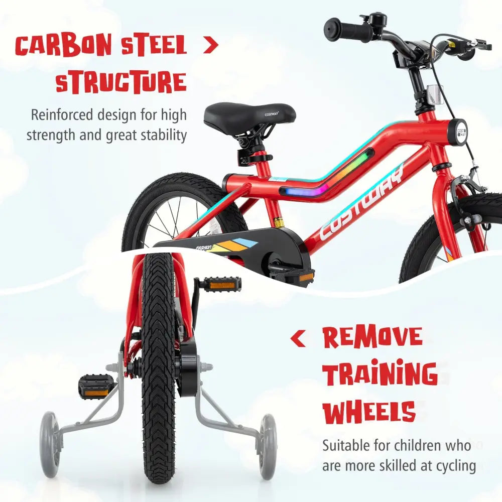 16 Inch Kids Bike with LED Lights Adjustable Carbon Steel Bicycle for 4 - 7 Years Old - 16 inches - Oasis Home Essentials