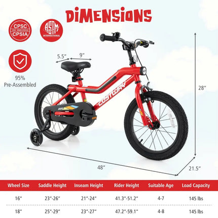 16 Inch Kids Bike with LED Lights Adjustable Carbon Steel Bicycle for 4 - 7 Years Old - 16 inches - Oasis Home Essentials