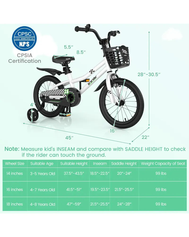 16 Inch Kids Bike with Removable Training Wheels-Black & White - Black & White - Kids Bike