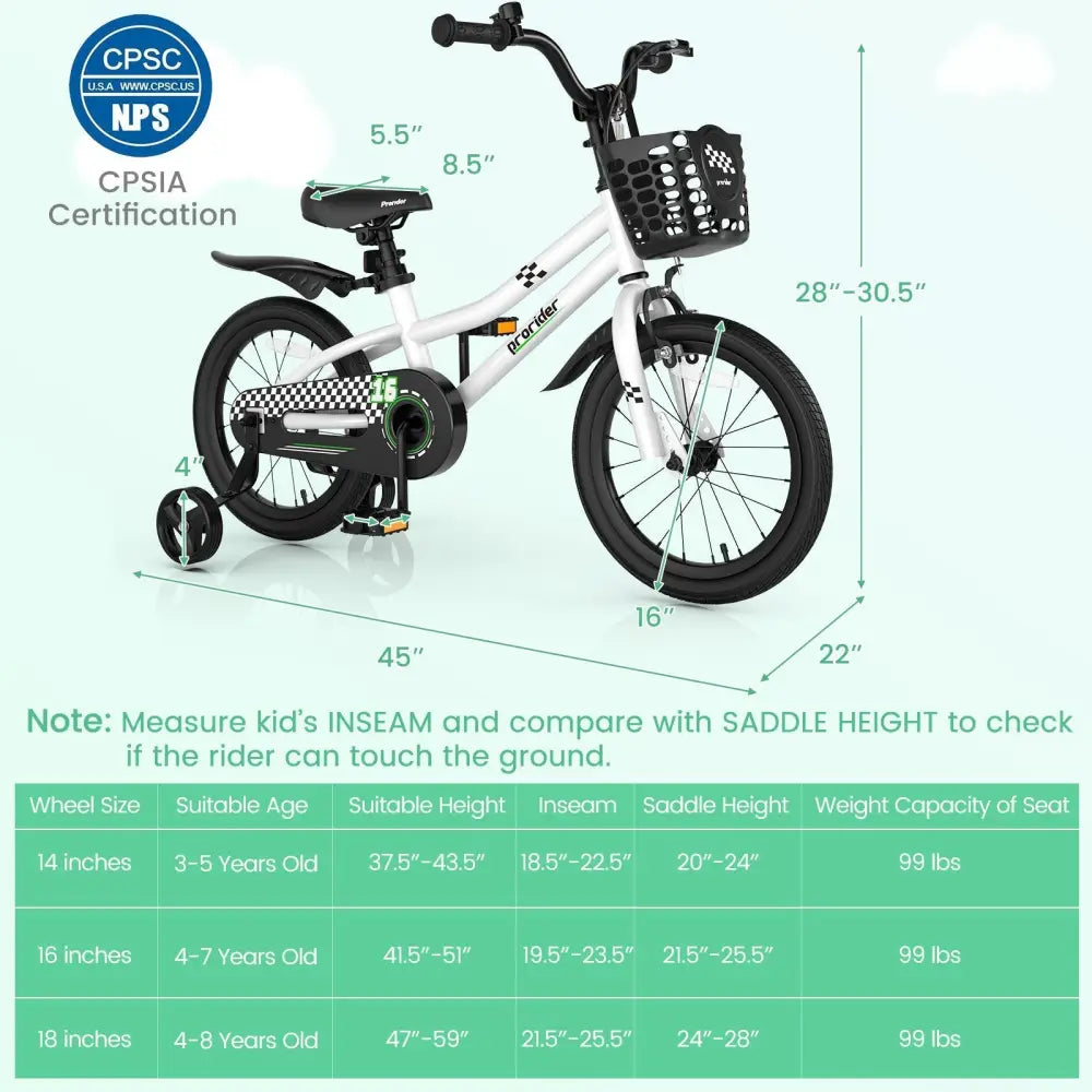 16 Inch Kids Bike with Removable Training Wheels - Black & White - Oasis Home Essentials