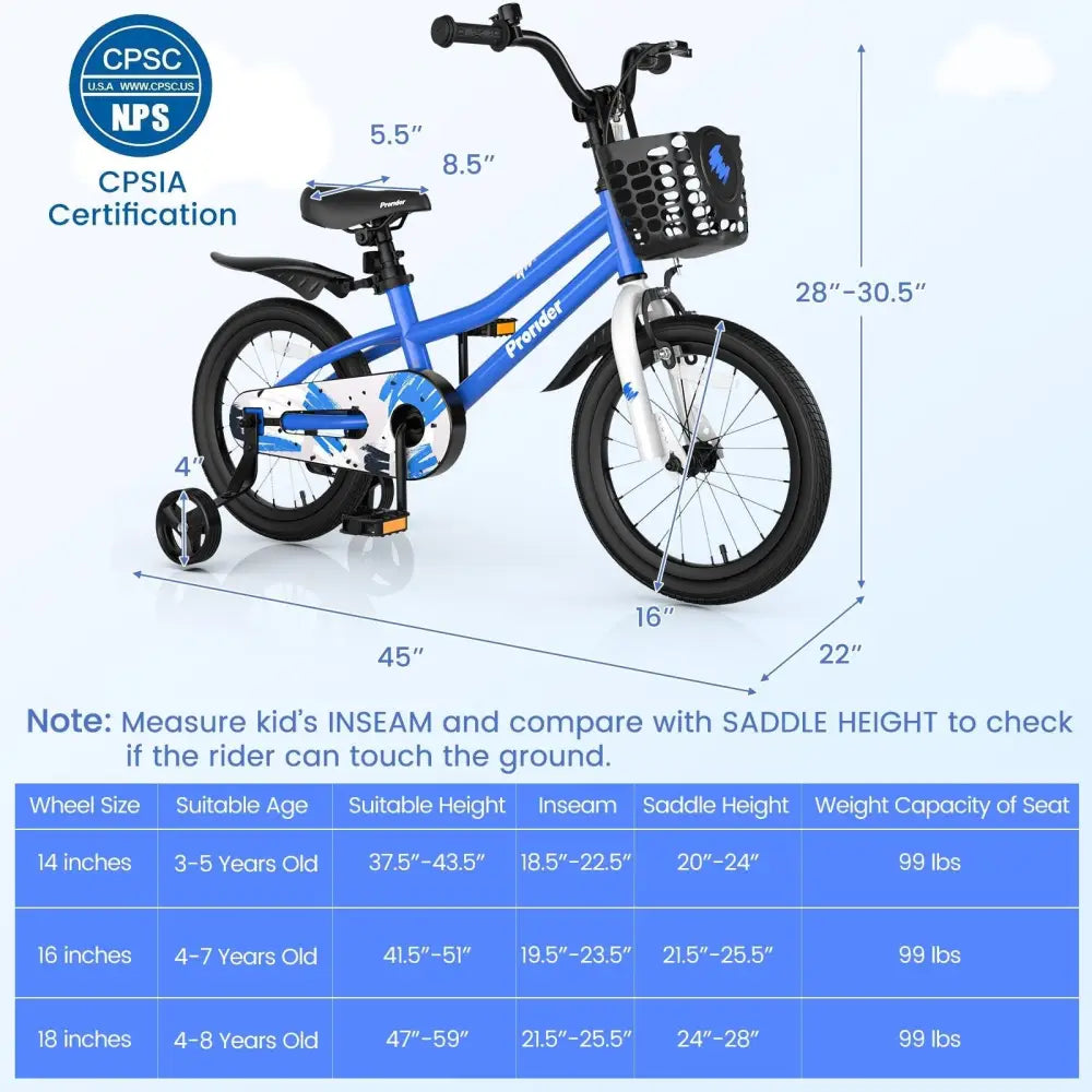 16 Inch Kids Bike with Removable Training Wheels - Blue - Oasis Home Essentials