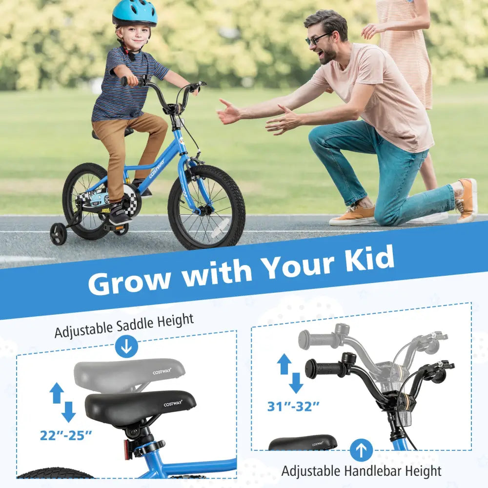 16 Inch Kids Bike with Removable Training Wheels for Aged 4-7 Years Old - Blue - Kids Bike