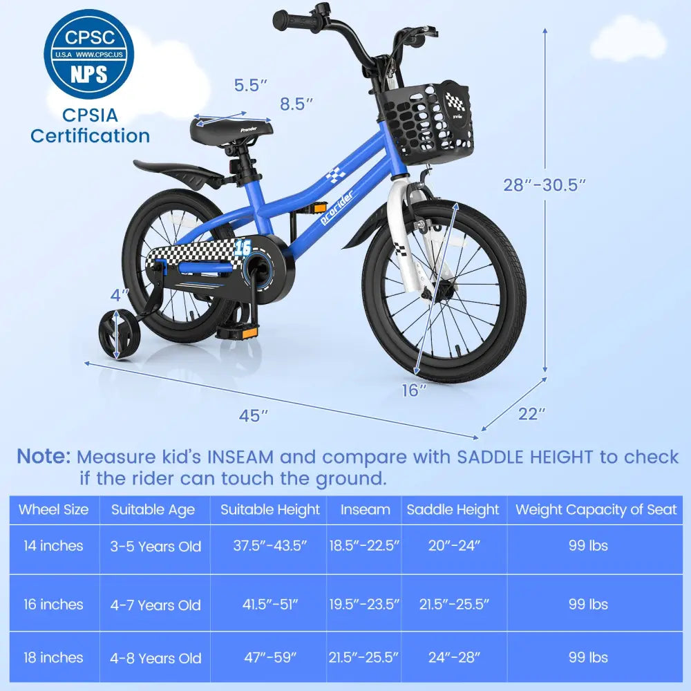 16 Inch Kids Bike with Removable Training Wheels-Navy - Navy - Kids Bike
