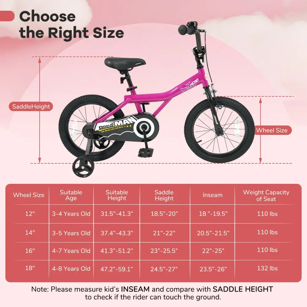 16-Inch Kids Bike with Removable Training Wheels Pink-Brave Hero - Kids Bike