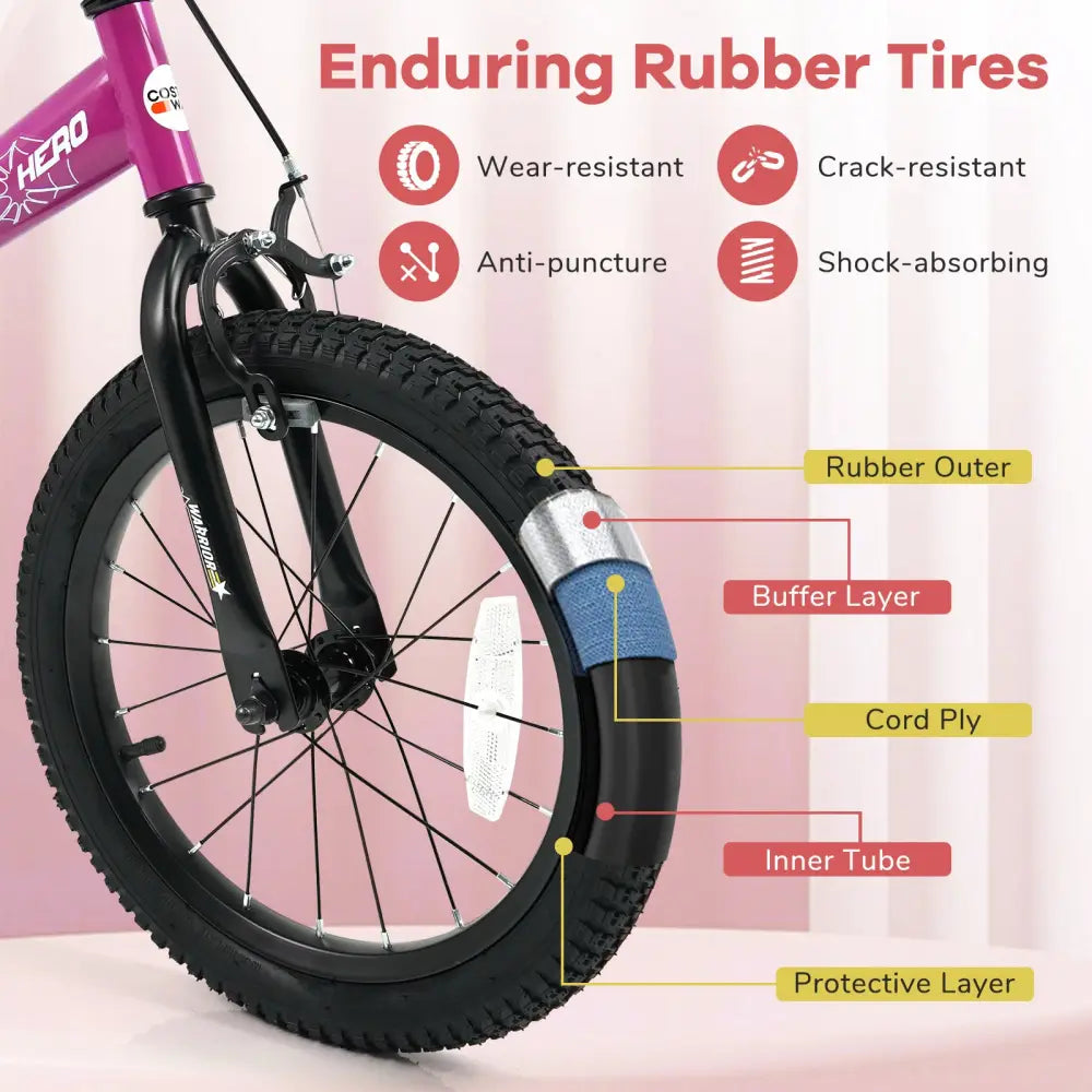 16-Inch Kids Bike with Removable Training Wheels Pink-Brave Hero - Kids Bike