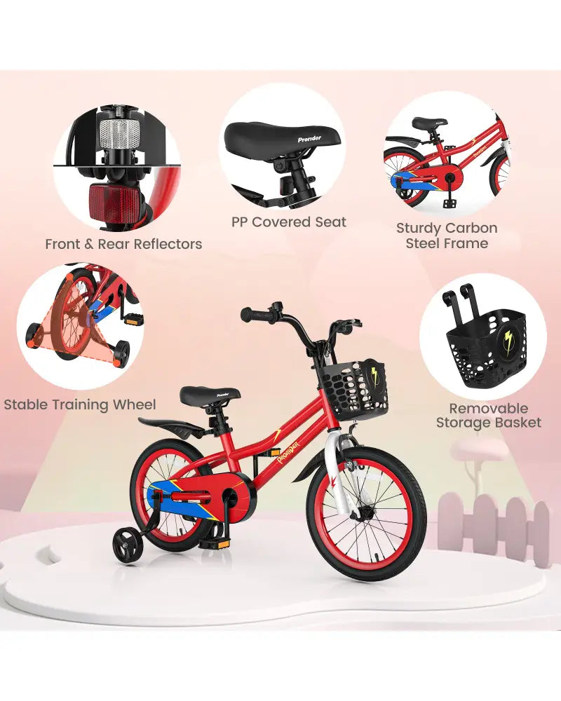 16 Inch Kids Bike with Removable Training Wheels-Red - Red - Kids Bike