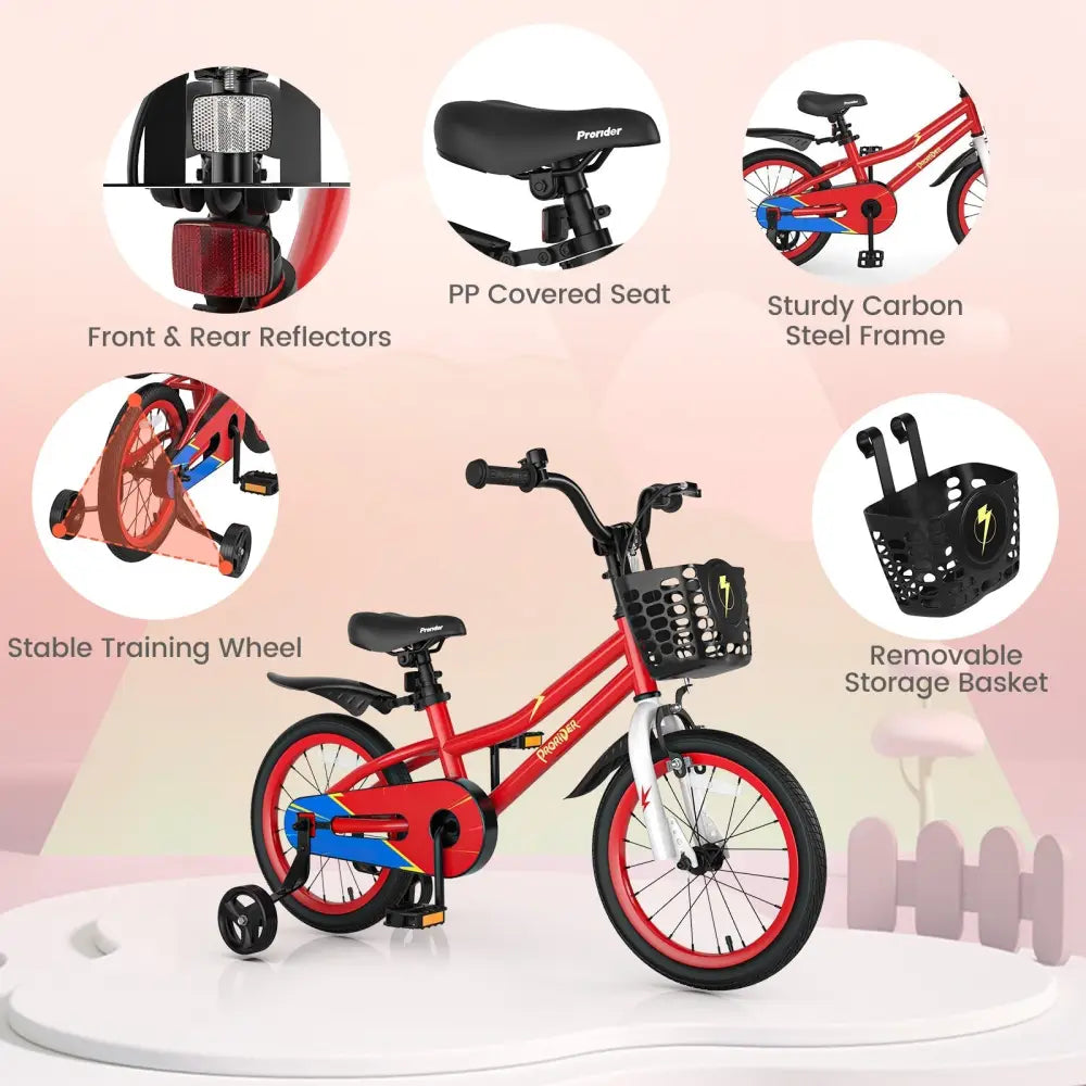 16 Inch Kids Bike with Removable Training Wheels - Red - Oasis Home Essentials