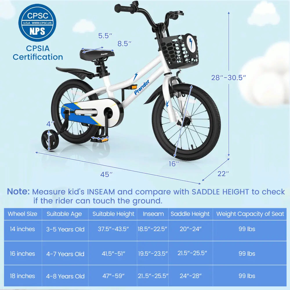 16 Inch Kids Bike with Removable Training Wheels-White - White - Kids Bike