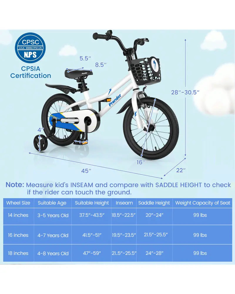 16 Inch Kids Bike with Removable Training Wheels-White - White - Kids Bike