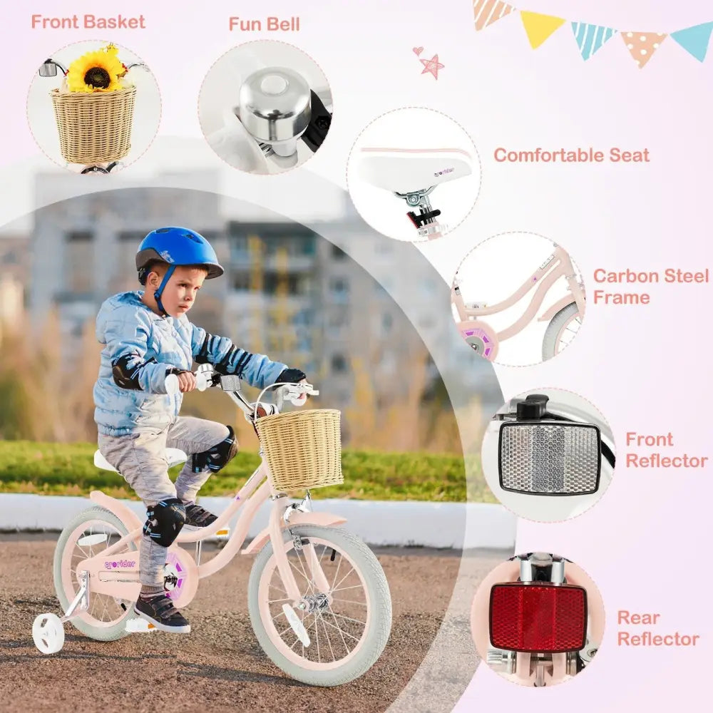 16 - Inch Kids Bike with Training Wheels and Adjustable Handlebar Seat - Pink - Oasis Home Essentials
