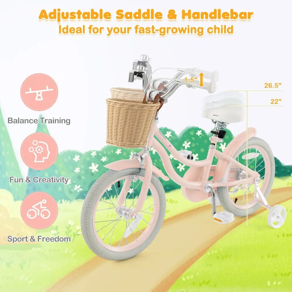 16 - Inch Kids Bike with Training Wheels and Adjustable Handlebar Seat - Pink - Oasis Home Essentials