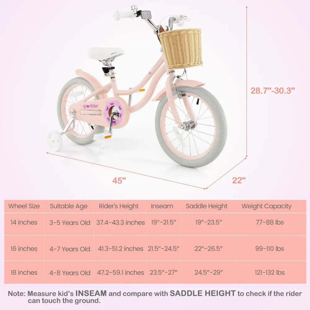 16 - Inch Kids Bike with Training Wheels and Adjustable Handlebar Seat - Pink - Oasis Home Essentials