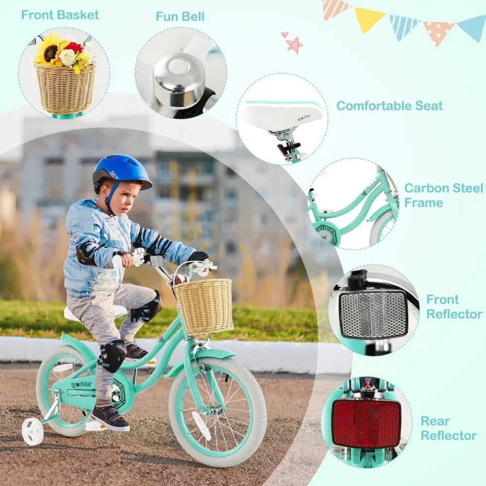16 - Inch Kids Bike with Training Wheels and Adjustable Handlebar Seat - Green - Oasis Home Essentials