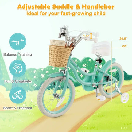 16 - Inch Kids Bike with Training Wheels and Adjustable Handlebar Seat - Green - Oasis Home Essentials