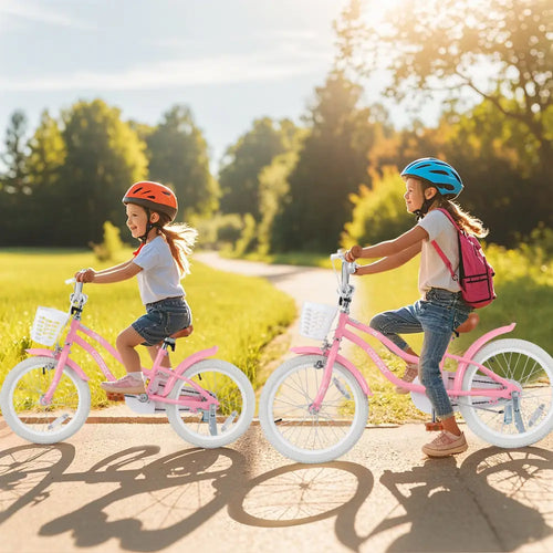 16 Inch Kids Bike with Training Wheels and Basket for Boys Girls 4-7 Years Old-16 inches - Peach - Kids Bike