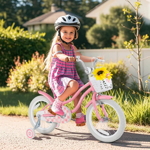 16 Inch Kids Bike with Training Wheels and Basket for Boys Girls 4-7 Years Old-16 inches - Peach - Kids Bike
