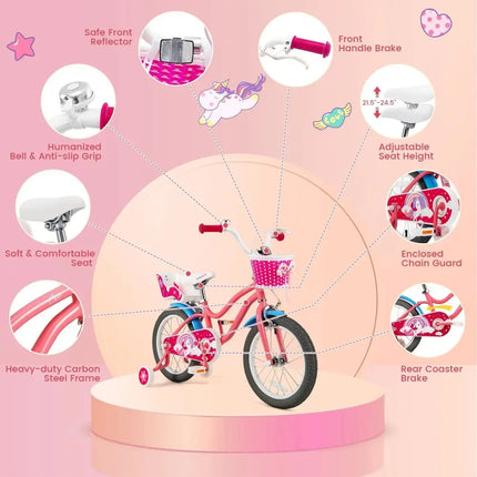 16 Inch Kids Bike with Training Wheels and Storage Basket - 16 inches - Oasis Home Essentials