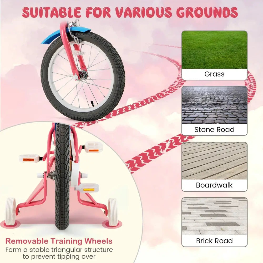 16 Inch Kids Bike with Training Wheels and Storage Basket - 16 inches - Oasis Home Essentials