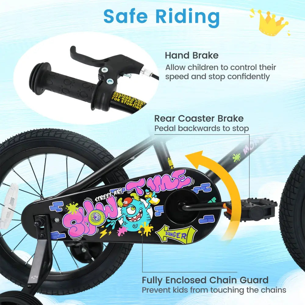 16 Inch Kids Bike with Training Wheels for Ages 4-7 Years Old Black- Street Art Time - Black - Kids Bike