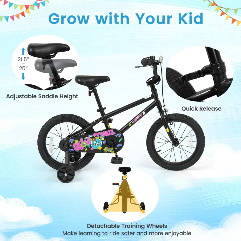 16 Inch Kids Bike with Training Wheels for Ages 4-7 Years Old Black- Street Art Time - Black - Kids Bike
