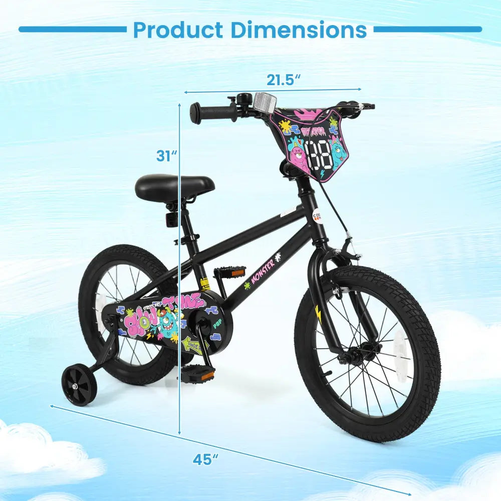 16 Inch Kids Bike with Training Wheels for Ages 4-7 Years Old Black- Street Art Time - Black - Kids Bike
