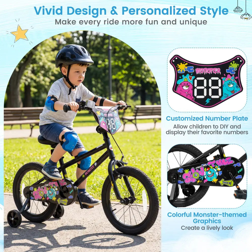 16 Inch Kids Bike with Training Wheels for Ages 4-7 Years Old Black- Street Art Time - Black - Kids Bike