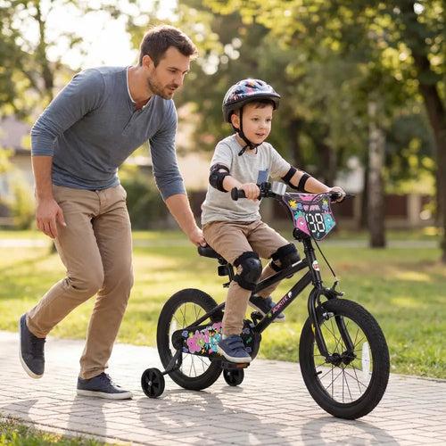 16 Inch Kids Bike with Training Wheels for Ages 4-7 Years Old Black- Street Art Time - Black - Kids Bike