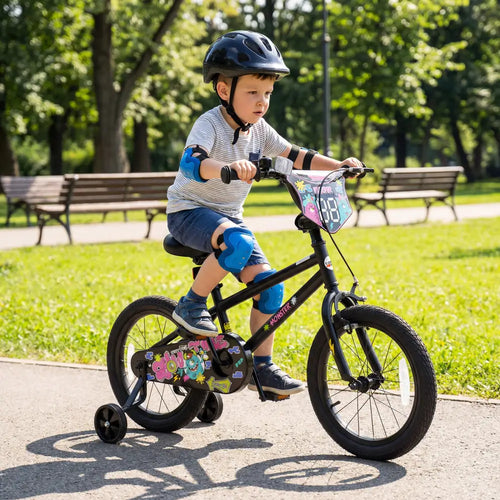 16 Inch Kids Bike with Training Wheels for Ages 4-7 Years Old Black- Street Art Time - Black - Kids Bike