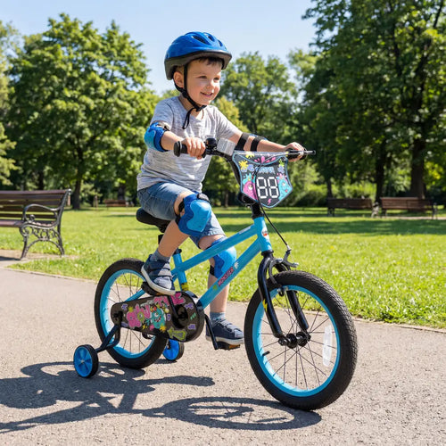 16 Inch Kids Bike with Training Wheels for Ages 4-7 Years Old Blue- Street Art Time - Blue - Kids Bike