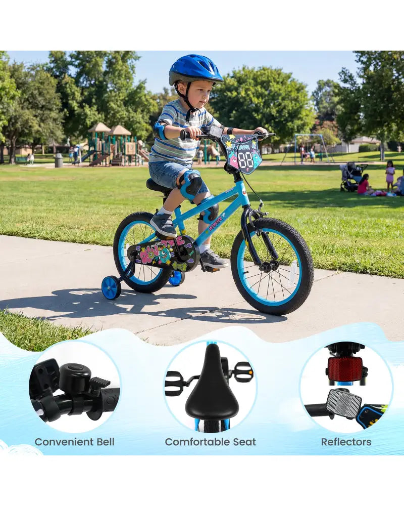 16 Inch Kids Bike with Training Wheels for Ages 4-7 Years Old Blue- Street Art Time - Blue - Kids Bike