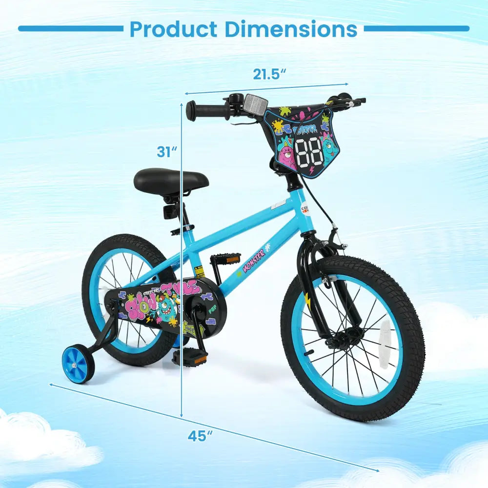 16 Inch Kids Bike with Training Wheels for Ages 4-7 Years Old Blue- Street Art Time - Blue - Kids Bike
