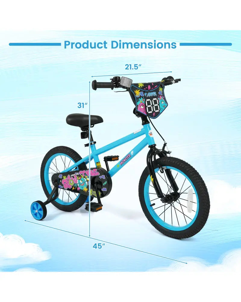 16 Inch Kids Bike with Training Wheels for Ages 4-7 Years Old Blue- Street Art Time - Blue - Kids Bike