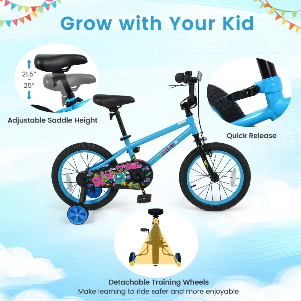 16 Inch Kids Bike with Training Wheels for Ages 4-7 Years Old Blue- Street Art Time - Blue - Kids Bike