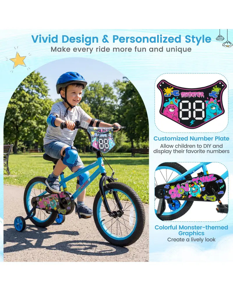 16 Inch Kids Bike with Training Wheels for Ages 4-7 Years Old Blue- Street Art Time - Blue - Kids Bike
