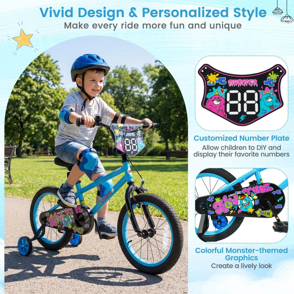 16 Inch Kids Bike with Training Wheels for Ages 4-7 Years Old Blue- Street Art Time - Blue - Kids Bike