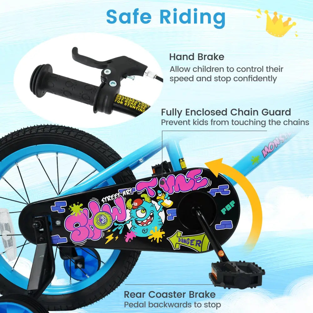 16 Inch Kids Bike with Training Wheels for Ages 4-7 Years Old Blue- Street Art Time - Blue - Kids Bike