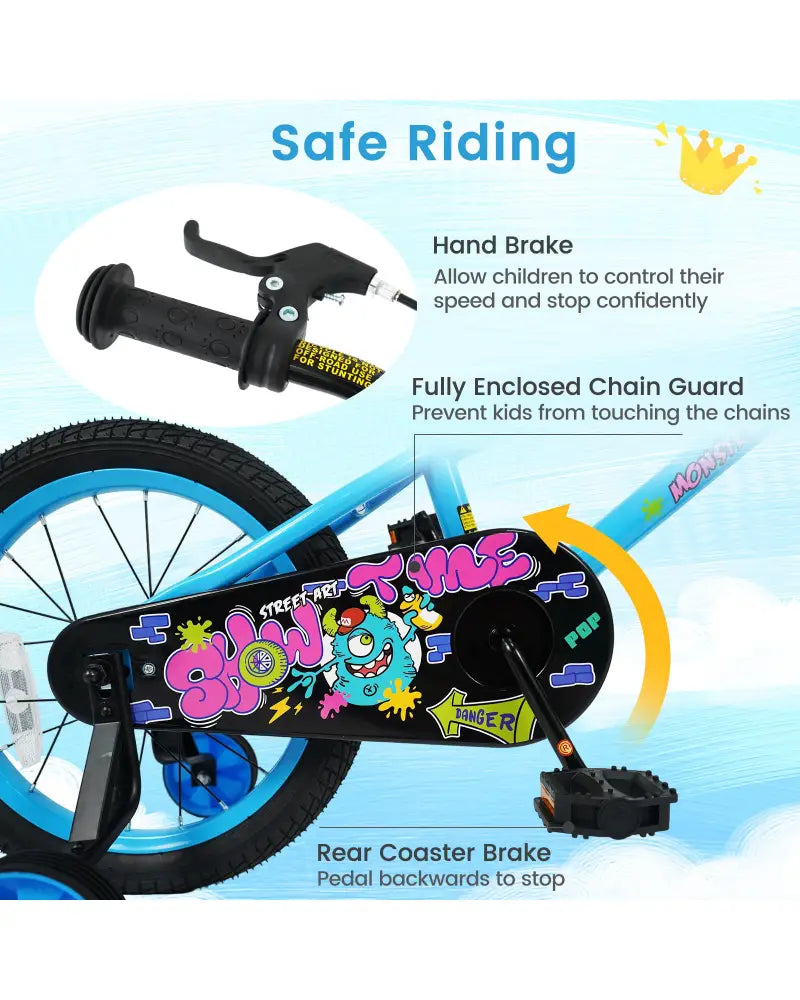 16 Inch Kids Bike with Training Wheels for Ages 4-7 Years Old Blue- Street Art Time - Blue - Kids Bike