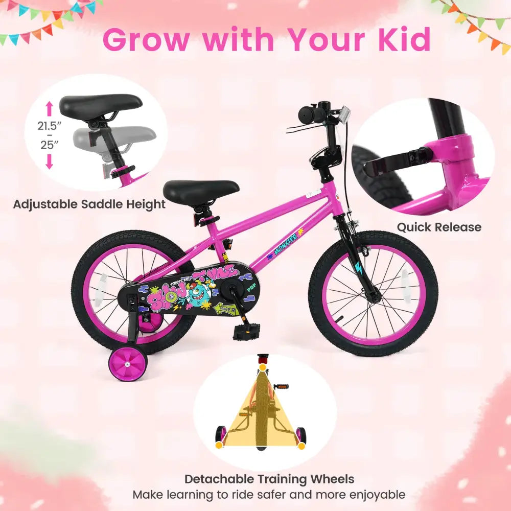16 Inch Kids Bike with Training Wheels for Ages 4-7 Years Old Pink- Street Art Time - Pink - Kids Bike